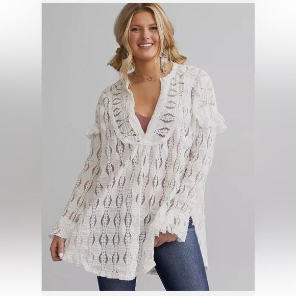 Free People Candy Shop Lace Bohemian Tunic Top Ivory White - Picture 3 of 7